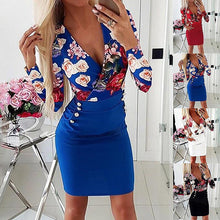 Load image into Gallery viewer, 2021 Summer New Women&#39;s Fashion Sexy Print Deep V Neck Long Sleeve Tunic Empire Buttons Pockets Package Hip Mini Dress Lady Slim