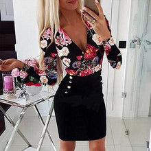 Load image into Gallery viewer, 2021 Summer New Women&#39;s Fashion Sexy Print Deep V Neck Long Sleeve Tunic Empire Buttons Pockets Package Hip Mini Dress Lady Slim