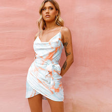 Load image into Gallery viewer, 2021 Summer New Women&#39;s Fashion Sexy Print Deep V Neck Spaghetti Straps Backless Sleeveless Empire Lace Up Mini Dress Lady Slim