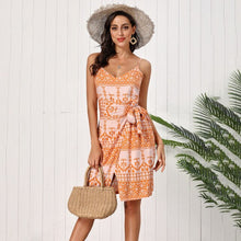 Load image into Gallery viewer, 2021 Summer New Women&#39;s Fashion Sexy Print Spaghettii Straps Sleeveless Backless Tunic Bow Elastic Waist Split Knee Lenght Dress