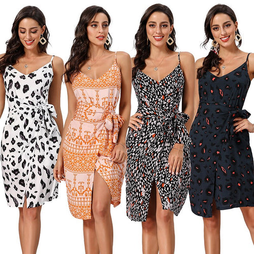 2021 Summer New Women's Fashion Sexy Print Spaghettii Straps Sleeveless Backless Tunic Bow Elastic Waist Split Knee Lenght Dress