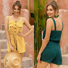 Load image into Gallery viewer, 2021 Summer New Women&#39;s Fashion Sexy Solid Spaghetti Straps Slash Neck Sleeveless Backless Buttons Pockets Empire Playsuits Lady