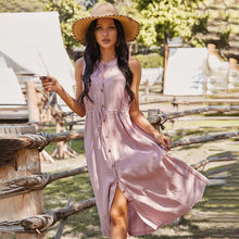 Load image into Gallery viewer, 2021 Summer New Women&#39;s Fashion Sexy Solid V Neck Buttons Sleeveless Shirring Tunic Empire Lace Up Knee Lenght Dress Ladies Slim