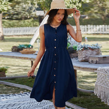 Load image into Gallery viewer, 2021 Summer New Women&#39;s Fashion Sexy Solid V Neck Buttons Sleeveless Shirring Tunic Empire Lace Up Knee Lenght Dress Ladies Slim