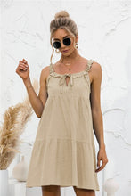 Load image into Gallery viewer, 2021 Summer New Women&#39;s Fashion Sexy Solid V Neck Lace Up Spaghetti Straps Sleeveless Backless Ruffles Empire Mini Dress Ladies