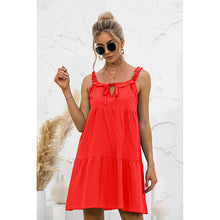 Load image into Gallery viewer, 2021 Summer New Women&#39;s Fashion Sexy Solid V Neck Lace Up Spaghetti Straps Sleeveless Backless Ruffles Empire Mini Dress Ladies