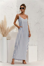Load image into Gallery viewer, 2021 Summer New Women&#39;s Fashion Sexy Stripe V Neck Spaghetti Straps Sleeveless Backless Loose Waist Pockets Ankle Lenght Dress