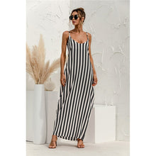 Load image into Gallery viewer, 2021 Summer New Women&#39;s Fashion Sexy Stripe V Neck Spaghetti Straps Sleeveless Backless Loose Waist Pockets Ankle Lenght Dress