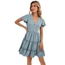Load image into Gallery viewer, 2021 Summer New Women&#39;s Fashion Solid Deep V Neck Flying Short Sleeve Buttons Patchwork Tunic Knee Lenght Dress Lady Slim Basic