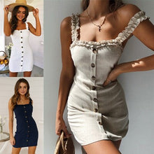 Load image into Gallery viewer, 2021 Summer New Women&#39;s Fashion Solid Sexy Slash Neck Spaghetti Straps Sleeveless Backless Buttons Package Hip Mini Dress Ladies