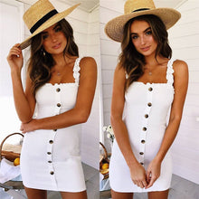 Load image into Gallery viewer, 2021 Summer New Women&#39;s Fashion Solid Sexy Slash Neck Spaghetti Straps Sleeveless Backless Buttons Package Hip Mini Dress Ladies