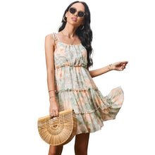 Load image into Gallery viewer, 2021 Summer New Women&#39;s Flashion Sexy Print O Neck Spaghetti Straps Bow Sleeveless Backless Folds Empire A Line Mini Dress Lady