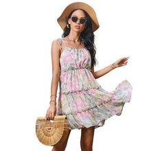 Load image into Gallery viewer, 2021 Summer New Women&#39;s Flashion Sexy Print O Neck Spaghetti Straps Bow Sleeveless Backless Folds Empire A Line Mini Dress Lady