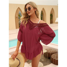 Load image into Gallery viewer, 2021 Summer New Women&#39;s Hand Hook Hollow Stitching Ruffled Quarter Sleeve Irregular Beach Skirt Blouse