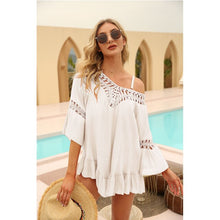 Load image into Gallery viewer, 2021 Summer New Women&#39;s Hand Hook Hollow Stitching Ruffled Quarter Sleeve Irregular Beach Skirt Blouse