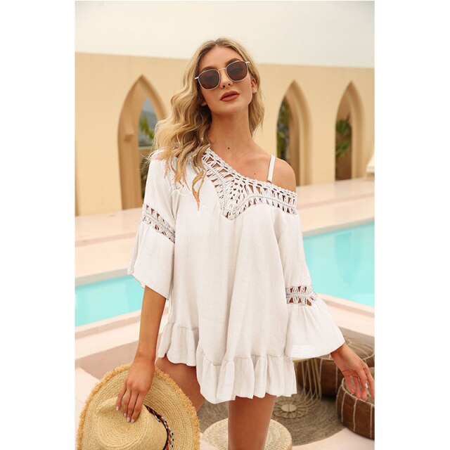 2021 Summer New Women's Hand Hook Hollow Stitching Ruffled Quarter Sleeve Irregular Beach Skirt Blouse