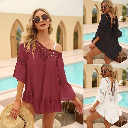 2021 Summer New Women's Hand Hook Hollow Stitching Ruffled Quarter Sleeve Irregular Beach Skirt Blouse