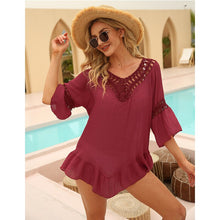 Load image into Gallery viewer, 2021 Summer New Women&#39;s Hand Hook Hollow Stitching Ruffled Quarter Sleeve Irregular Beach Skirt Blouse