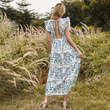 Load image into Gallery viewer, 2021 Summer New Women&#39;s Long Round Neck Thin Belt Chiffon Ruffled Sexy Backless  A-Line Dress