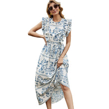 Load image into Gallery viewer, 2021 Summer New Women&#39;s Long Round Neck Thin Belt Chiffon Ruffled Sexy Backless  A-Line Dress