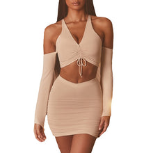 Load image into Gallery viewer, 2021 Summer New Women&#39;s Sexy Umbilical Trumpet-Sleeved Blouse Bag Hip Short Skirt Two-Piece Suit Female