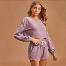 Load image into Gallery viewer, 2021 Summer New Women&#39;s  Solid Color Round Neck Long-Sleeved Drawstring Short Casual Sweater Two-Piece Suit