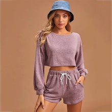 Load image into Gallery viewer, 2021 Summer New Women&#39;s  Solid Color Round Neck Long-Sleeved Drawstring Short Casual Sweater Two-Piece Suit