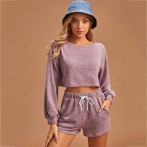 2021 Summer New Women's  Solid Color Round Neck Long-Sleeved Drawstring Short Casual Sweater Two-Piece Suit
