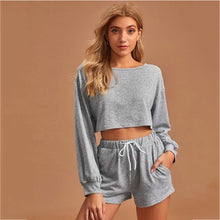 Load image into Gallery viewer, 2021 Summer New Women&#39;s  Solid Color Round Neck Long-Sleeved Drawstring Short Casual Sweater Two-Piece Suit