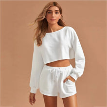 Load image into Gallery viewer, 2021 Summer New Women&#39;s  Solid Color Round Neck Long-Sleeved Drawstring Short Casual Sweater Two-Piece Suit