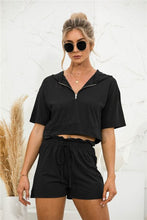 Load image into Gallery viewer, 2021 Summer New Womens&#39; Fashion Casual Solid V Neck Zippers Short Sleeve Crops Tops Elastic Waist Lace Up Short Panr Lady Loose