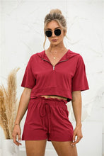 Load image into Gallery viewer, 2021 Summer New Womens&#39; Fashion Casual Solid V Neck Zippers Short Sleeve Crops Tops Elastic Waist Lace Up Short Panr Lady Loose