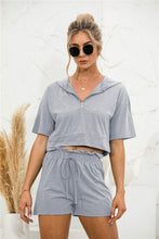 Load image into Gallery viewer, 2021 Summer New Womens&#39; Fashion Casual Solid V Neck Zippers Short Sleeve Crops Tops Elastic Waist Lace Up Short Panr Lady Loose