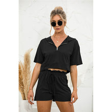 Load image into Gallery viewer, 2021 Summer New Womens&#39; Fashion Casual Solid V Neck Zippers Short Sleeve Crops Tops Elastic Waist Lace Up Short Panr Lady Loose