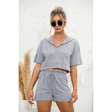 Load image into Gallery viewer, 2021 Summer New Womens&#39; Fashion Casual Solid V Neck Zippers Short Sleeve Crops Tops Elastic Waist Lace Up Short Panr Lady Loose