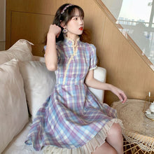 Load image into Gallery viewer, 2021 Summer New retro Purple Plaid Dress College Wind Waist Was Thinner Improved Cheongsam A-Line Dress Female