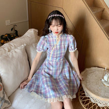 Load image into Gallery viewer, 2021 Summer New retro Purple Plaid Dress College Wind Waist Was Thinner Improved Cheongsam A-Line Dress Female