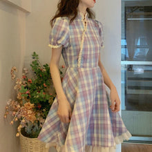 Load image into Gallery viewer, 2021 Summer New retro Purple Plaid Dress College Wind Waist Was Thinner Improved Cheongsam A-Line Dress Female