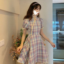 Load image into Gallery viewer, 2021 Summer New retro Purple Plaid Dress College Wind Waist Was Thinner Improved Cheongsam A-Line Dress Female
