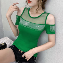 Load image into Gallery viewer, 2021 Summer New short-sleeved Women t-shirt sexy O-neck hot diamond fashion strapless wild slim T-shirt women tops
