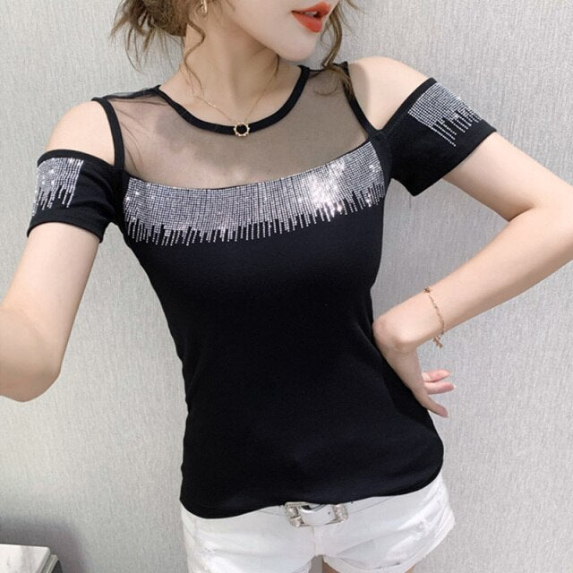 2021 Summer New short-sleeved Women t-shirt sexy O-neck hot diamond fashion strapless wild slim T-shirt women tops