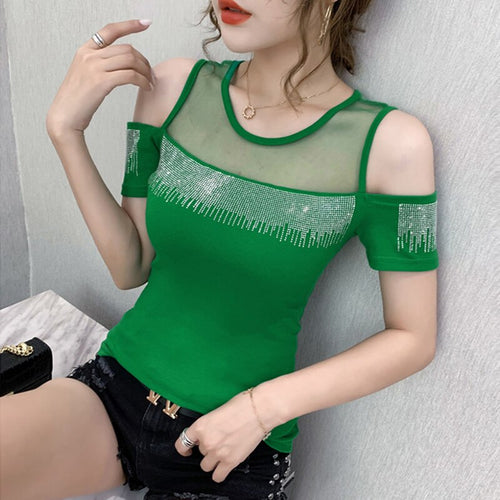2021 Summer New short-sleeved Women t-shirt sexy O-neck hot diamond fashion strapless wild slim T-shirt women tops