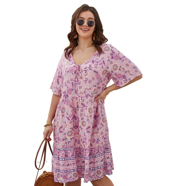 2021 Summer Plus Size Women's Dress Short-Sleeved Bohemian Printed V-Neck Beach Dress Ladies Retro Casual Holiday Dress 4XL