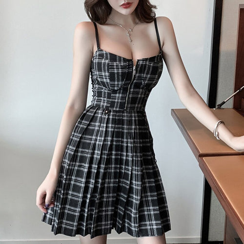 2021 Summer Preppy Style Gothic Girls Sexy Vintage Mini Dress Red Black Pleated Plaid Women Mini Short Robes Vestidos De Verano