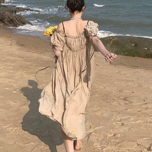 2021 Summer Sexy Beach Strap Dress Women Backless Casual Elegant Party Midi Dress Puff Sleeve High Street Vintage Sundress Boho
