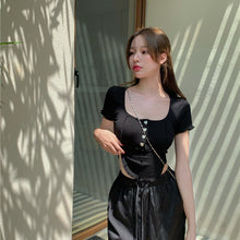 Load image into Gallery viewer, 2021 Summer Sexy Elegant Blouses Women Bodycon Short Sleeve Sweet Cute Casual Shirts Solid High Street Korean Fashion Y2k Tops