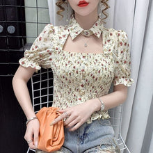 Load image into Gallery viewer, 2021 Summer Sexy Floral Tops for Women Cut Out Print Slim Kawaii Sweet Blouse Wrinkle Short Sleeve Korean Fashion Elegant Shirts