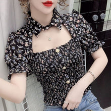 Load image into Gallery viewer, 2021 Summer Sexy Floral Tops for Women Cut Out Print Slim Kawaii Sweet Blouse Wrinkle Short Sleeve Korean Fashion Elegant Shirts