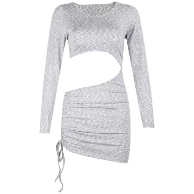 2021 Summer Sexy Hollow Out Dress Women Turtleneck Long Sleeve Irregular Grey Dress Wrap Mini Bodycon Dress Vestidos