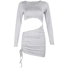 Load image into Gallery viewer, 2021 Summer Sexy Hollow Out Dress Women Turtleneck Long Sleeve Irregular Grey Dress Wrap Mini Bodycon Dress Vestidos
